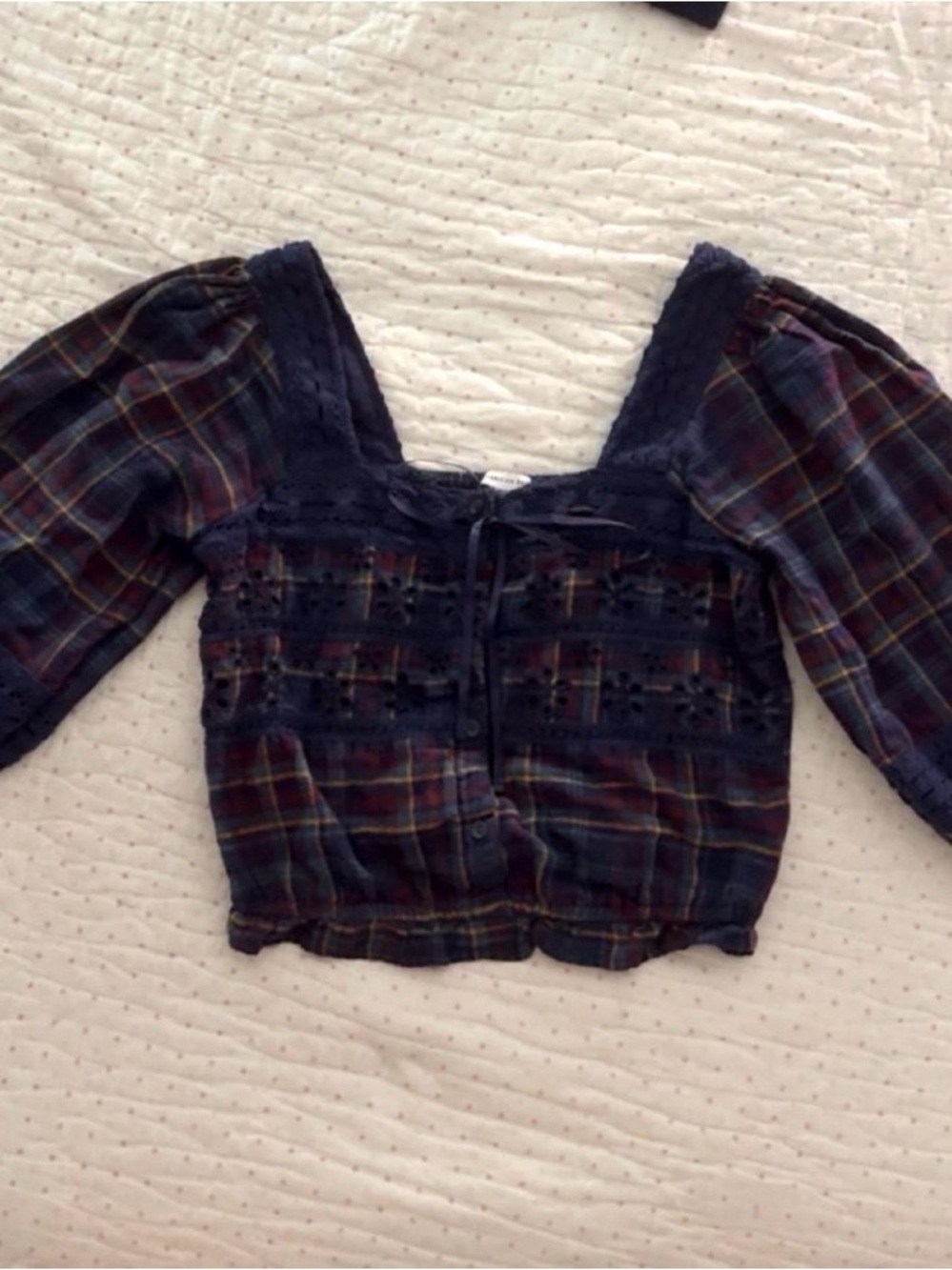 American Eagle Navy Plaid Crop Top with Lace Trim